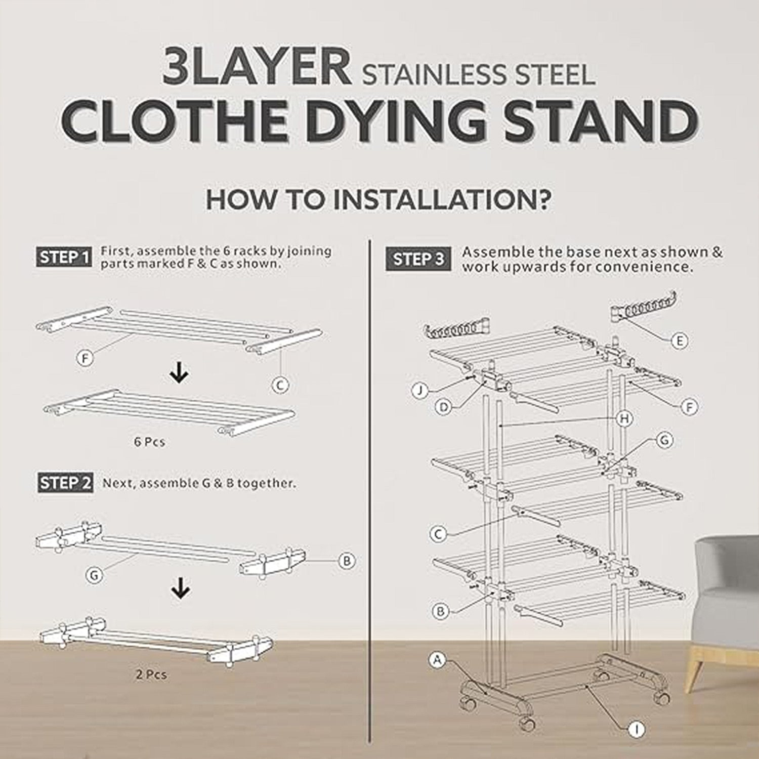 3 Tier Foldable Stainless Steel Cloth Drying Stand with Wheels Heavy Duty Portable Laundry Drying Rack for Indoor Outdoor Balcony and Home Use (1 Pc)