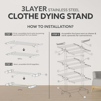 3 Tier Foldable Stainless Steel Cloth Drying Stand with Wheels Heavy Duty Portable Laundry Drying Rack for Indoor Outdoor Balcony and Home Use (1 Pc)