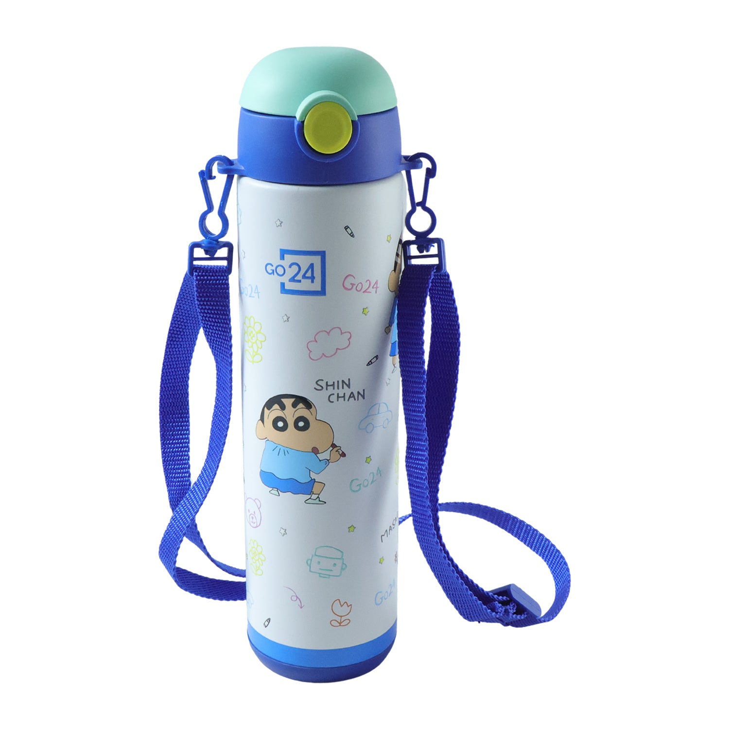 Pexpo Kids Stainless Steel School Water Bottle 500 ML Leakproof Cartoon Printed Sipper Bottle with Carry Strap for School Travel and Daily Use
