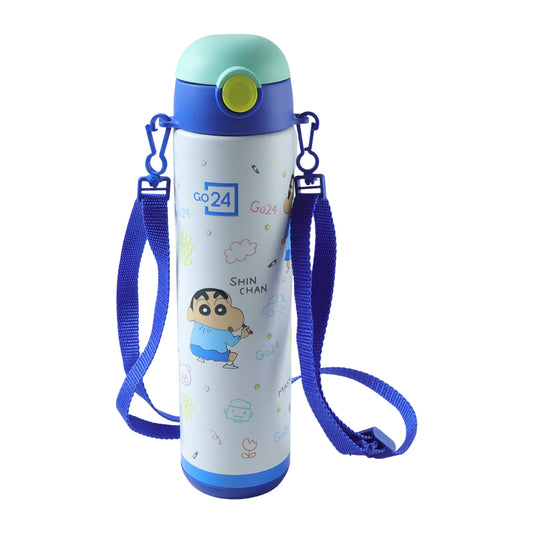 Pexpo Kids Stainless Steel School Water Bottle 500 ML Leakproof Cartoon Printed Sipper Bottle with Carry Strap for School Travel and Daily Use