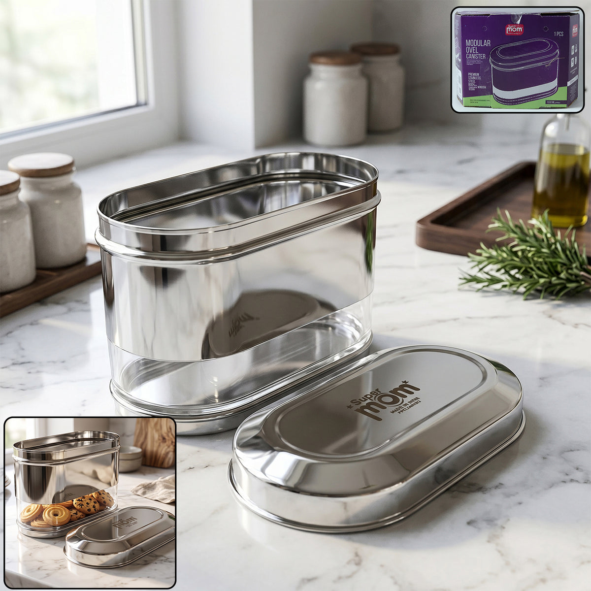 Supermom Modular Oval Stainless Steel Kitchen Storage Canister 1500 ML, Airtight Food Storage Container with Transparent Window for Tea, Coffee, Sugar and Pantry Organization