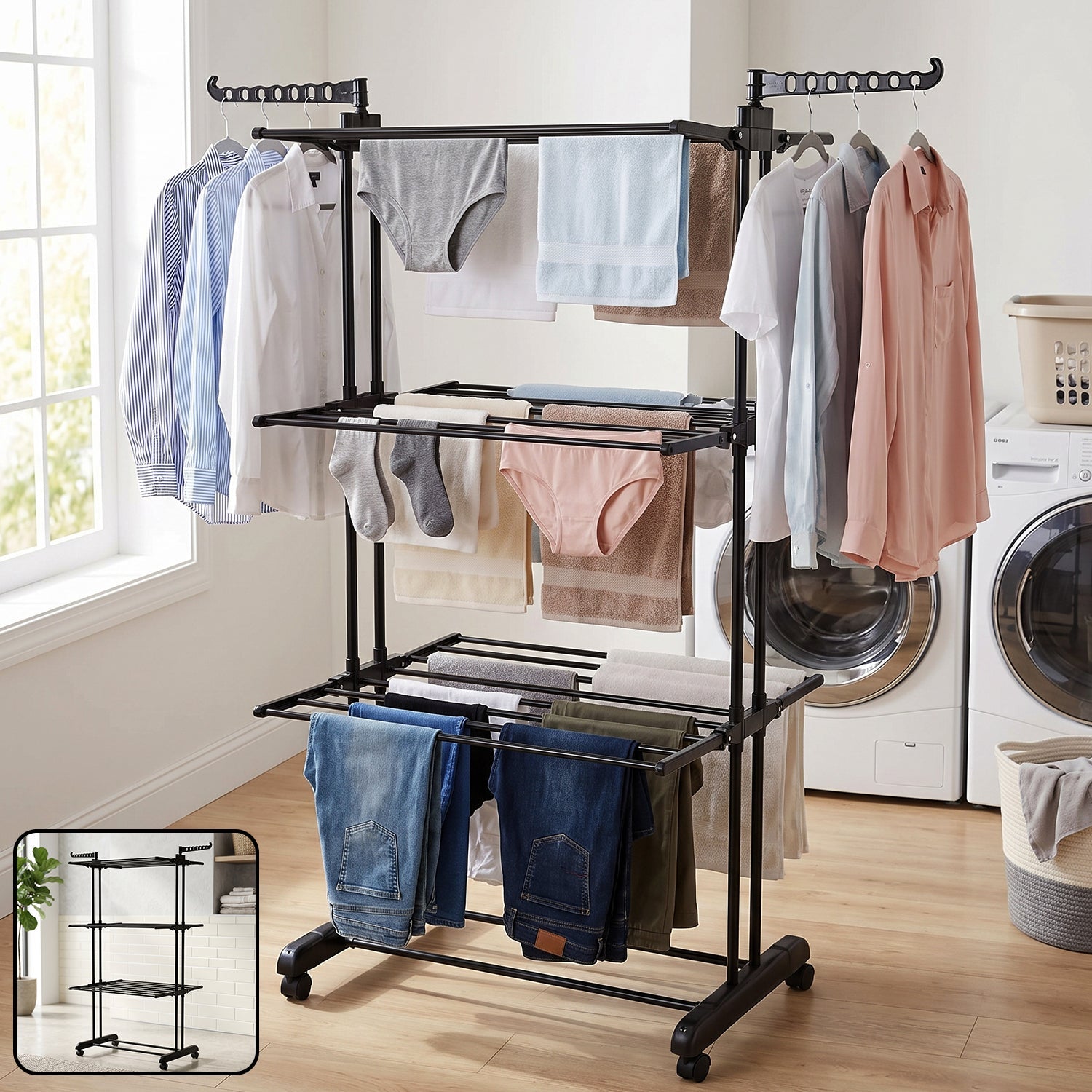 Metal Expandable Garment Rack 3 Layer Cloth Drying Stand with Wheels Foldable Laundry Rack Side Hangers for Indoor Outdoor Balcony Home (1 Pc)