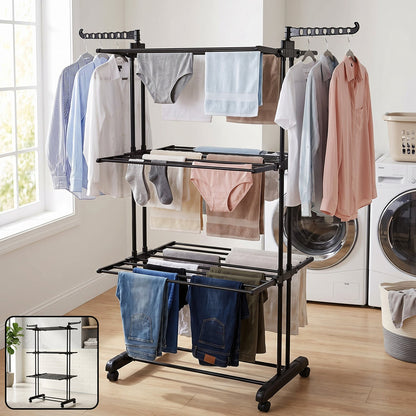 Metal Expandable Garment Rack 3 Layer Cloth Drying Stand with Wheels Foldable Laundry Rack Side Hangers for Indoor Outdoor Balcony Home (1 Pc)