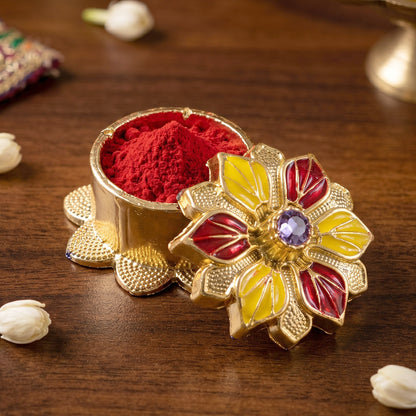 Decorative Golden Kankavati Kumkum Box Traditional Sindoor Holder for Pooja, Temple, Worship and Decoration (1 Pc)