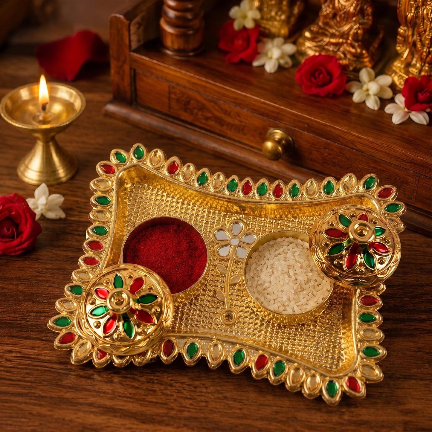 Meenakari Kumkum Holder Golden Metal Double Compartment Pooja Box with Floral Lid for Kumkum Haldi Roli Chandan and Akshat (1 Pc)
