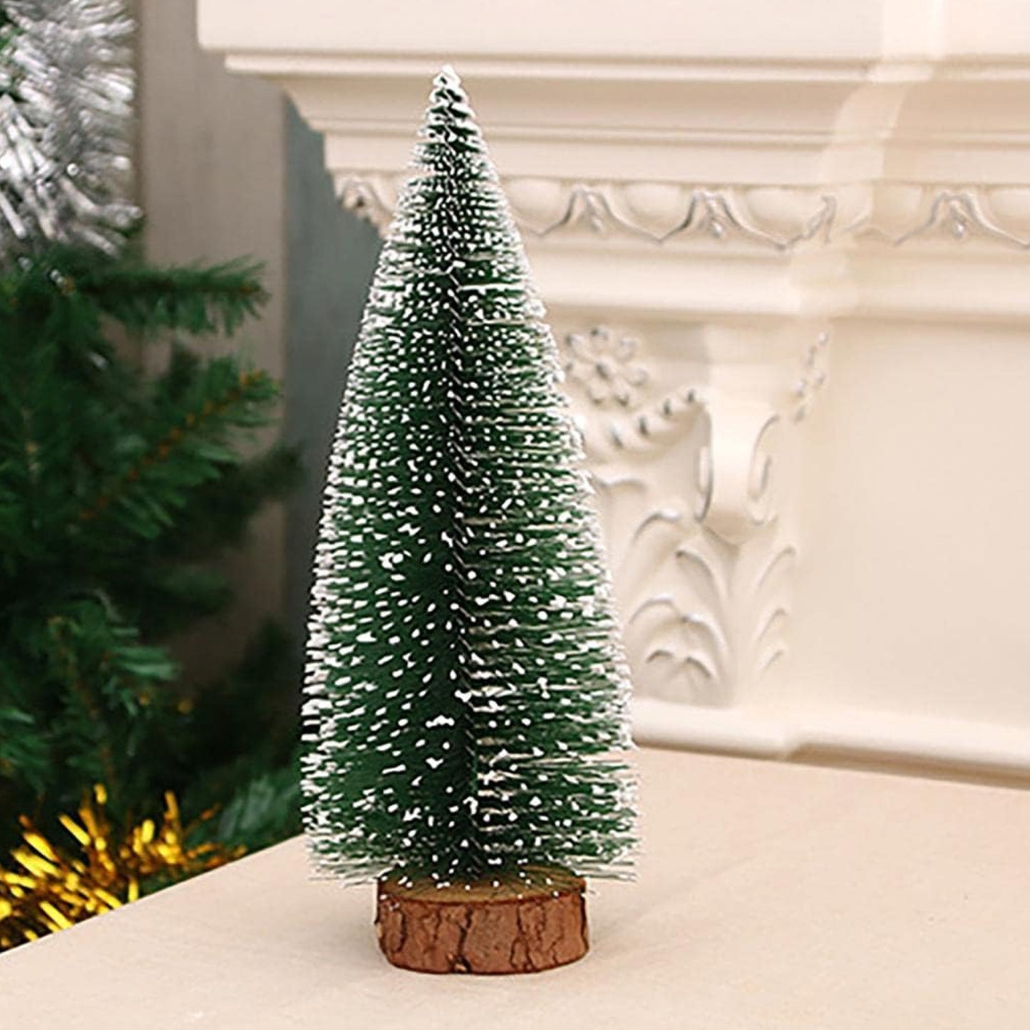Mini Artificial Christmas Tree with Snow Effect – Small Green Fir Tree with Wooden Base – 1 Pc