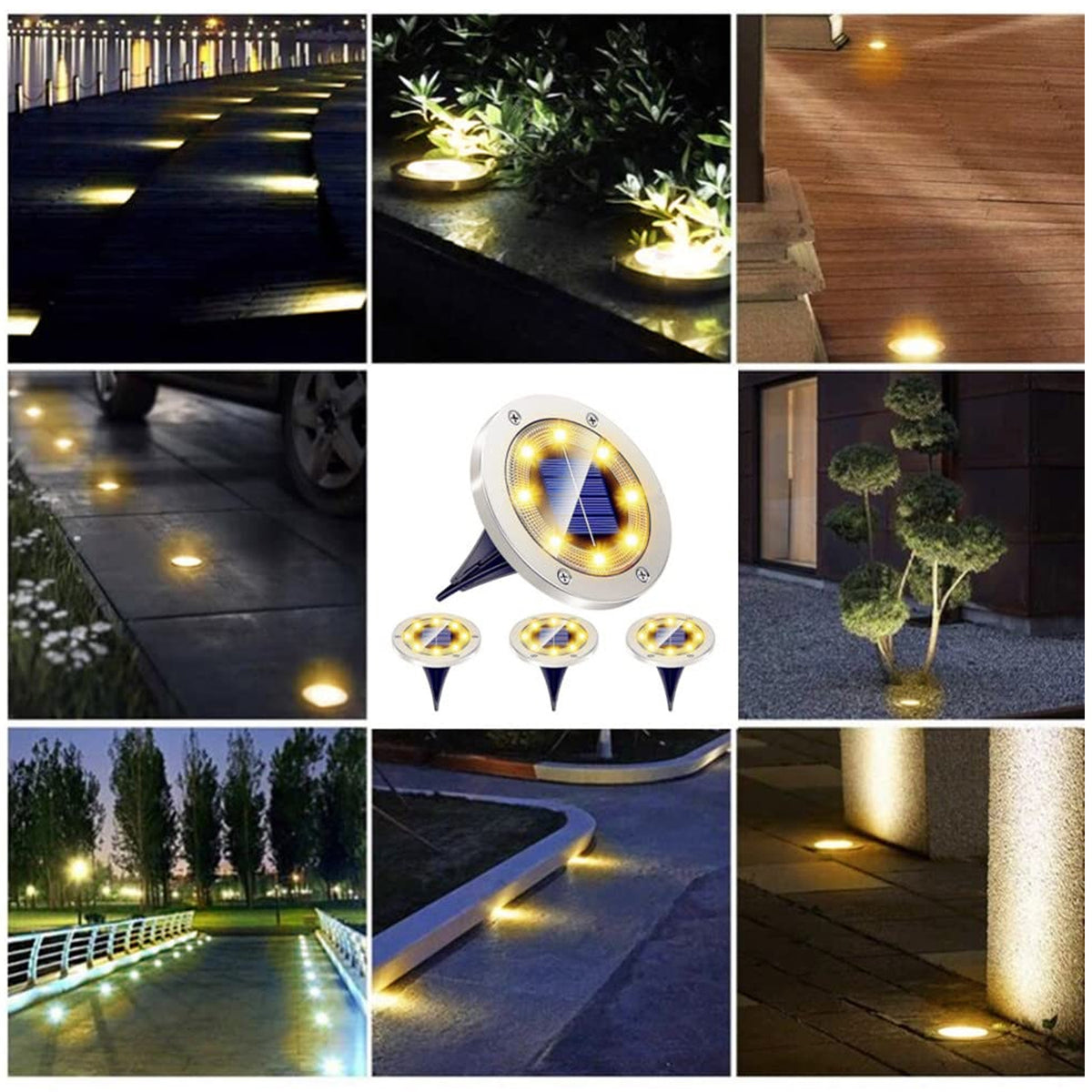 Solar Powered LED Garden Lights Set of 4, Stainless Steel Outdoor Waterproof Ground Spike Lights for Garden, Lawn, Pathway, Patio, Driveway and Landscape Decoration