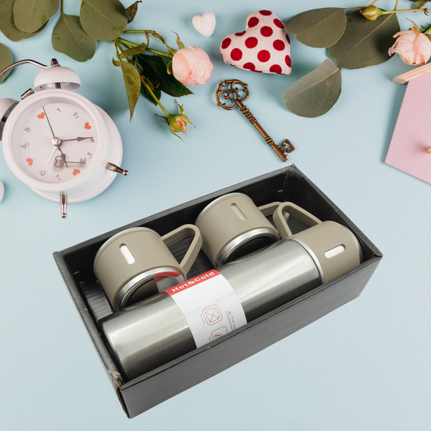 Vacuum Insulated Flask Bottle Stainless Steel Double Wall Hot and Cold Water Bottle Leakproof Travel Thermos with Cup Lid and Cleaning Brush