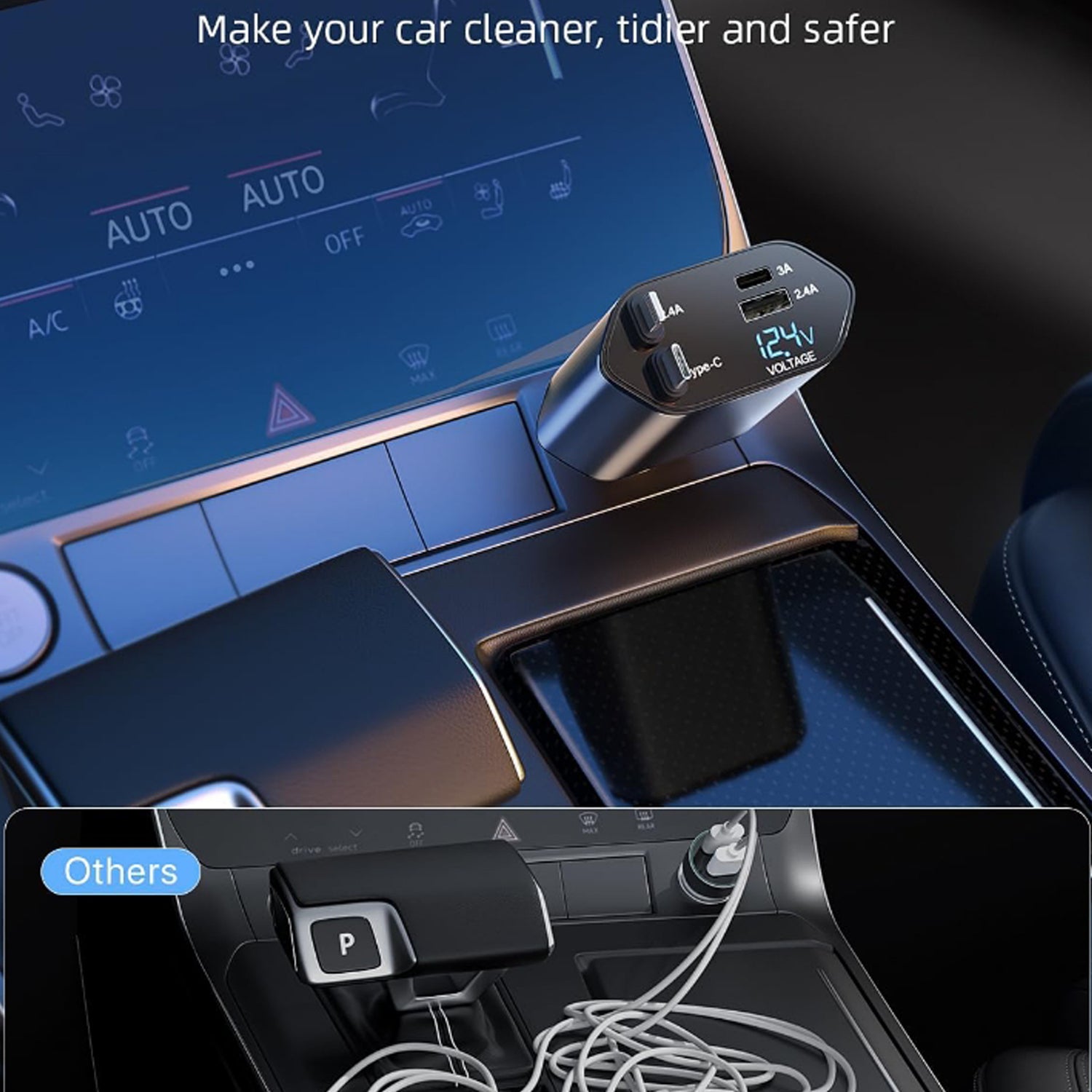 4-in-1 Super Fast Car Charger with Dual Built-In Cables, Dual USB Ports, LED Voltage Display & 120W High-Speed Smart Charging for All Smartphones