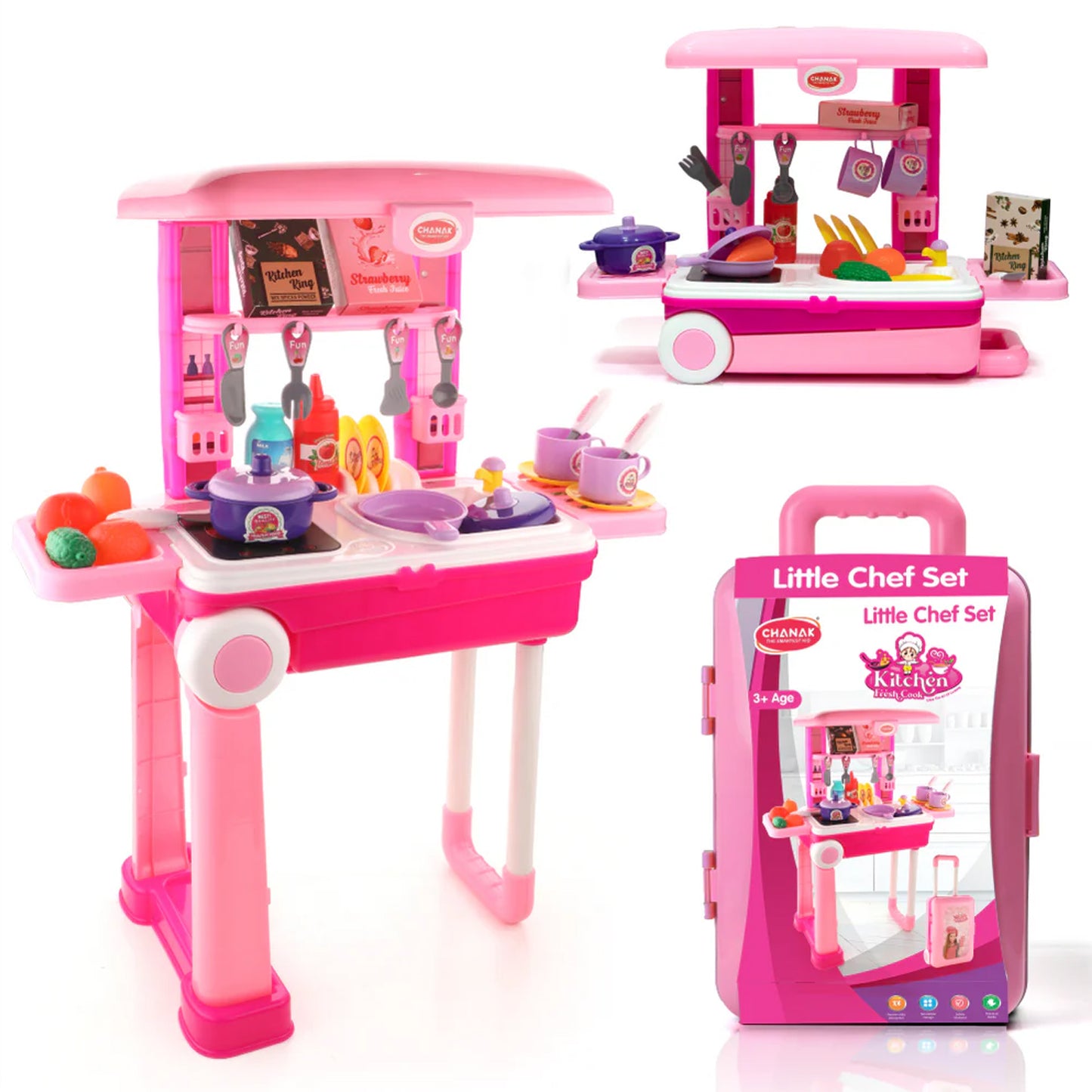 3 in 1 Kids Kitchen Play Set Trolley Suitcase Portable Pretend Cooking Toy with Accessories for Girls and Boys 3+ Years (1 Set)