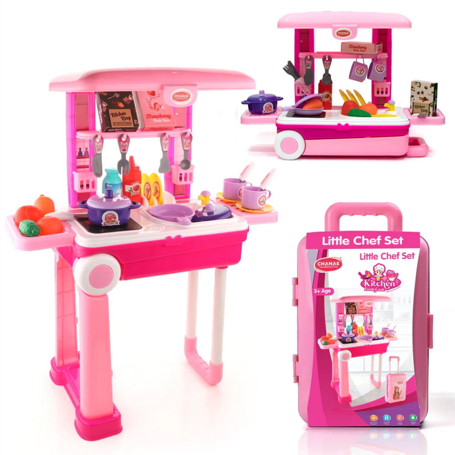 3 in 1 Kids Kitchen Play Set Trolley Suitcase Portable Pretend Cooking Toy with Accessories for Girls and Boys 3+ Years (1 Set)
