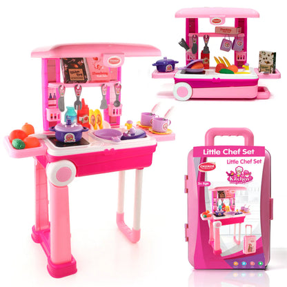 3 in 1 Kids Kitchen Play Set Trolley Suitcase Portable Pretend Cooking Toy with Accessories for Girls and Boys 3+ Years (1 Set)