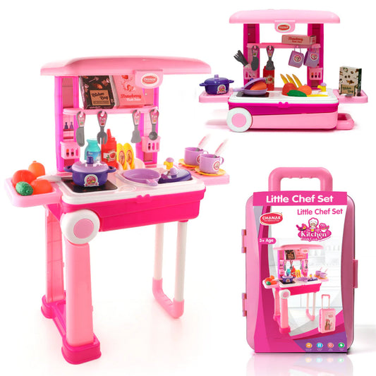 3 in 1 Kids Kitchen Play Set Trolley Suitcase Portable Pretend Cooking Toy with Accessories for Girls and Boys 3+ Years (1 Set)