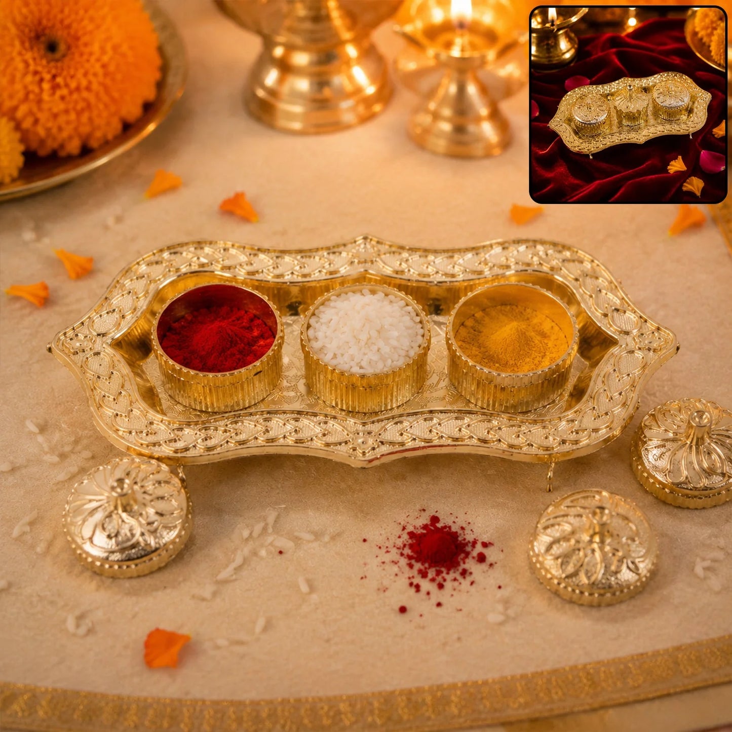 Triveni Kankavati Kumkum Holder, Decorative Golden 3 Compartment Roli Chawal Haldi Box for Puja, Tilak, Home Temple and Festive Rituals (1 Pc)