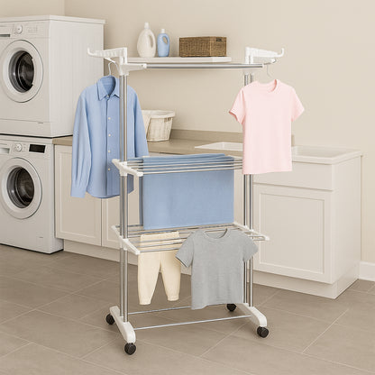 3 Tier Foldable Stainless Steel Cloth Drying Stand with Wheels Heavy Duty Portable Laundry Drying Rack for Indoor Outdoor Balcony and Home Use (1 Pc)
