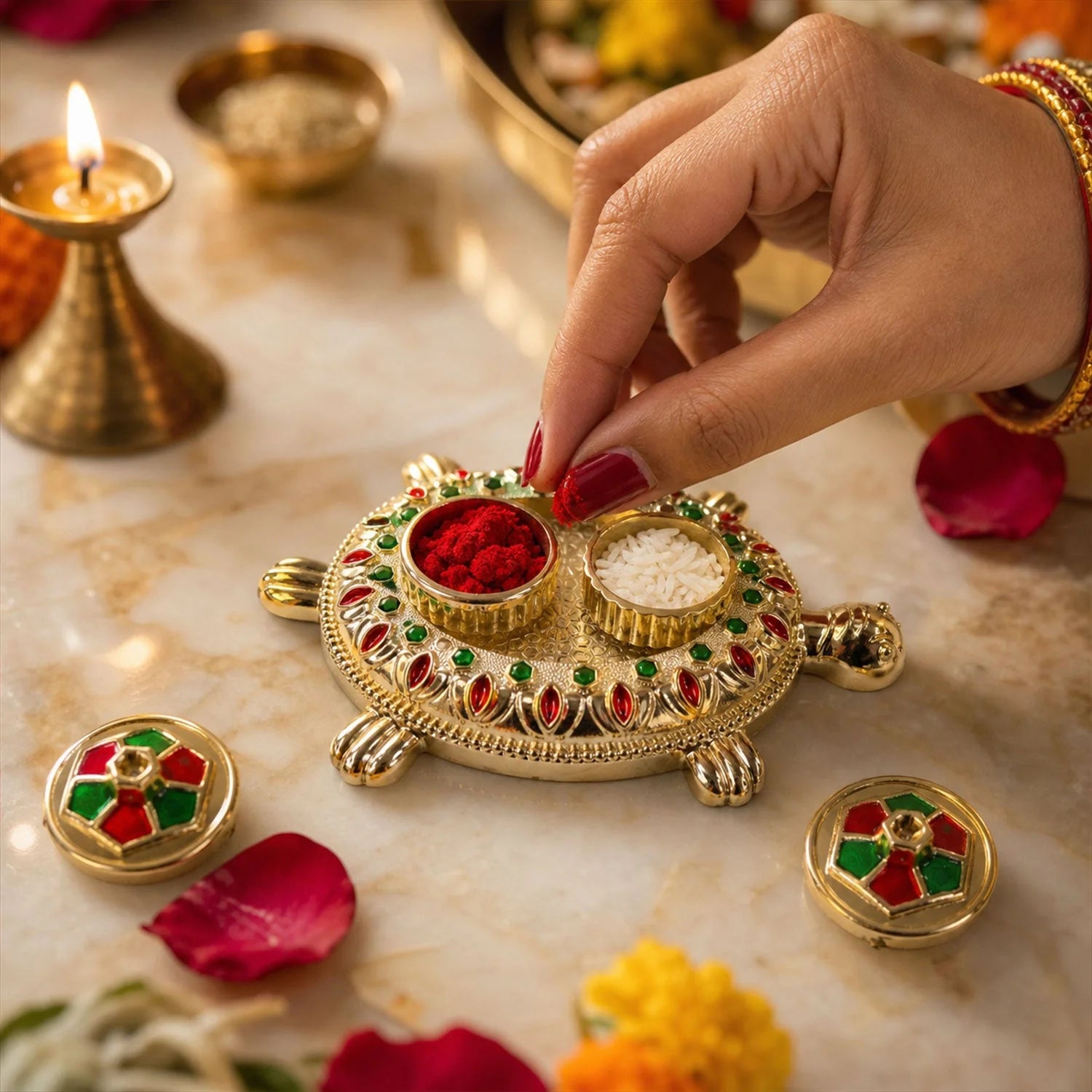 Tortoise Shaped Kankavati Kumkum Holder, Decorative Golden Roli Chawal Box for Puja, Tilak, Home Temple and Festive Rituals (1 Pc)