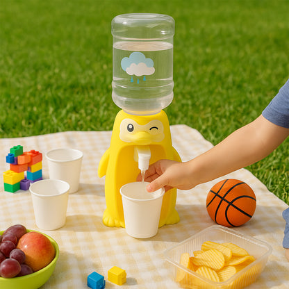 Kids Tabletop Water Dispenser Toy with Cute Character Design Refillable Bottle Manual Tap and Cup Holder for Pretend Play and Hydration Habits