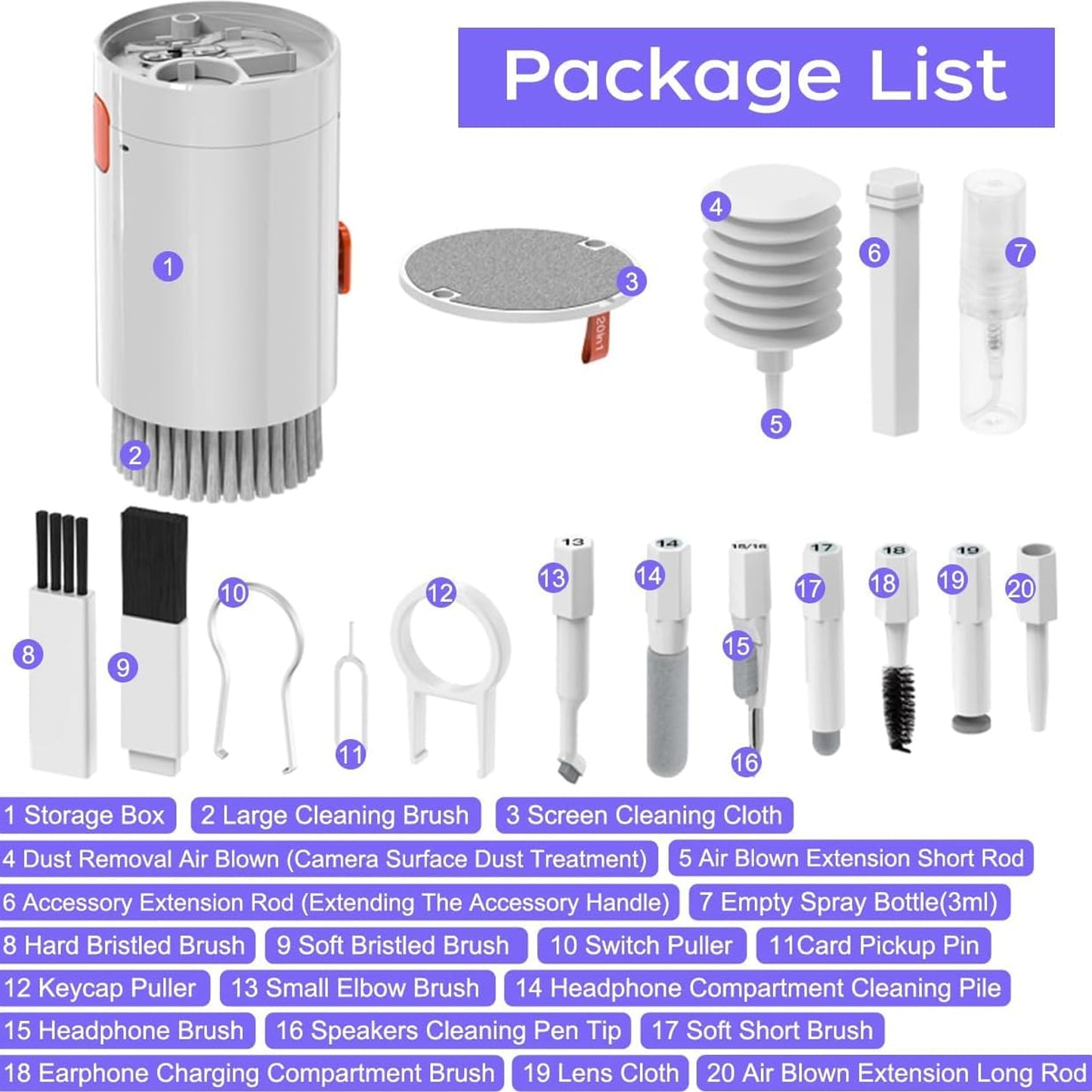 20 in 1 Keyboard Cleaner Kit – Laptop, Phone and Screen Cleaning Set with Electronic Cleaning Brush, Spray and Multi-Tool Accessories for AirPods, iPad, iPhone, Camera and Computer (1 Pc)