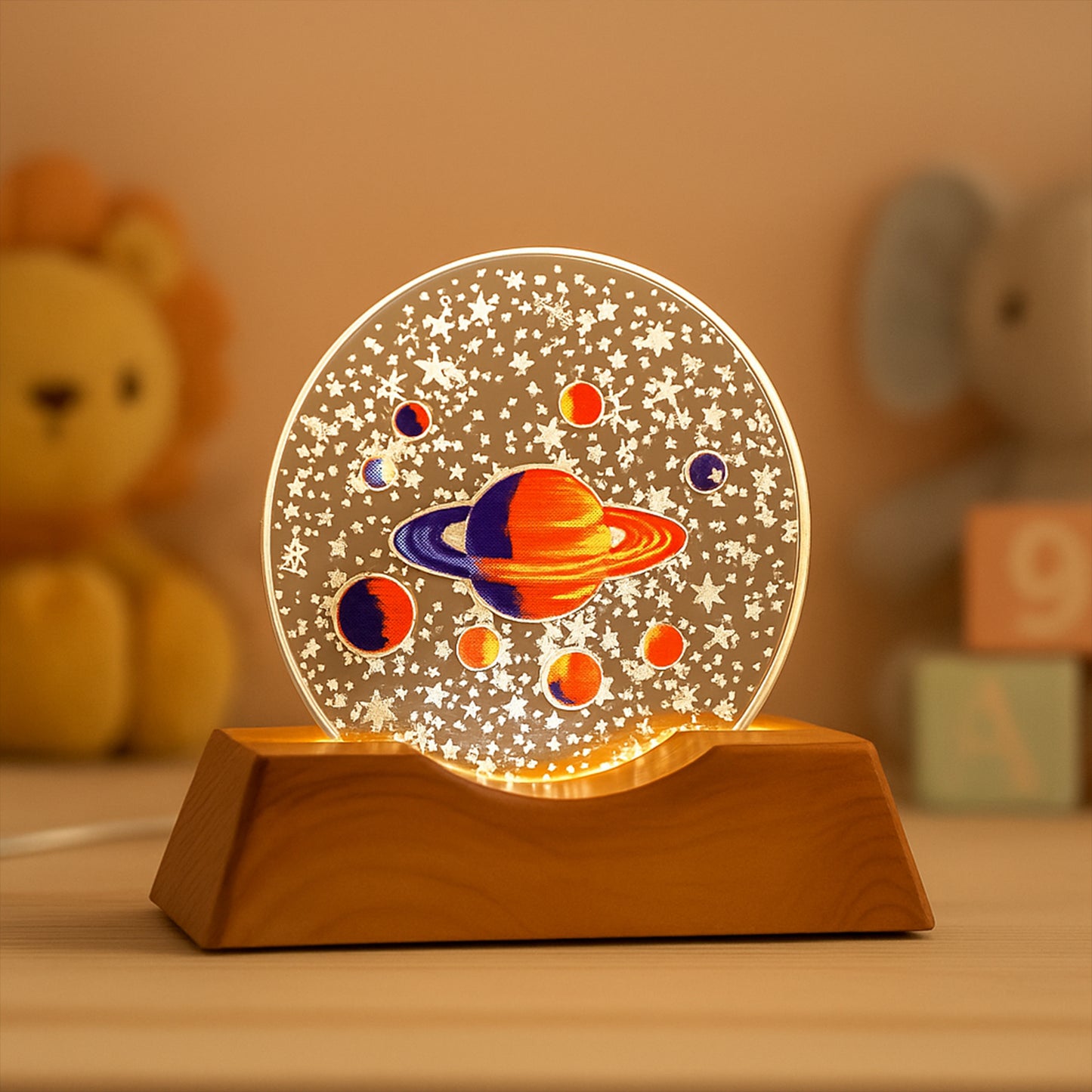 3D Creative Visualization Lamp – LED Planet Night Light with Wooden Base (1 Pc)