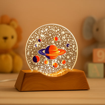 3D Creative Visualization Lamp – LED Planet Night Light with Wooden Base (1 Pc)