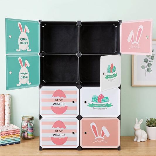 8 Compartment Modular Plastic Kids Storage Cabinet DIY Cube Wardrobe Organizer with Cartoon Rabbit Print Doors for Toys Clothes Books and Nursery Storage (1 Set)