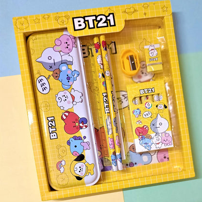 Kids Cartoon Stationery Kit with Metal Pencil Box – 12 Pieces School Supply Set with Pencils, Crayons, Scale, Sharpener and Eraser – Birthday Return Gift for Kids