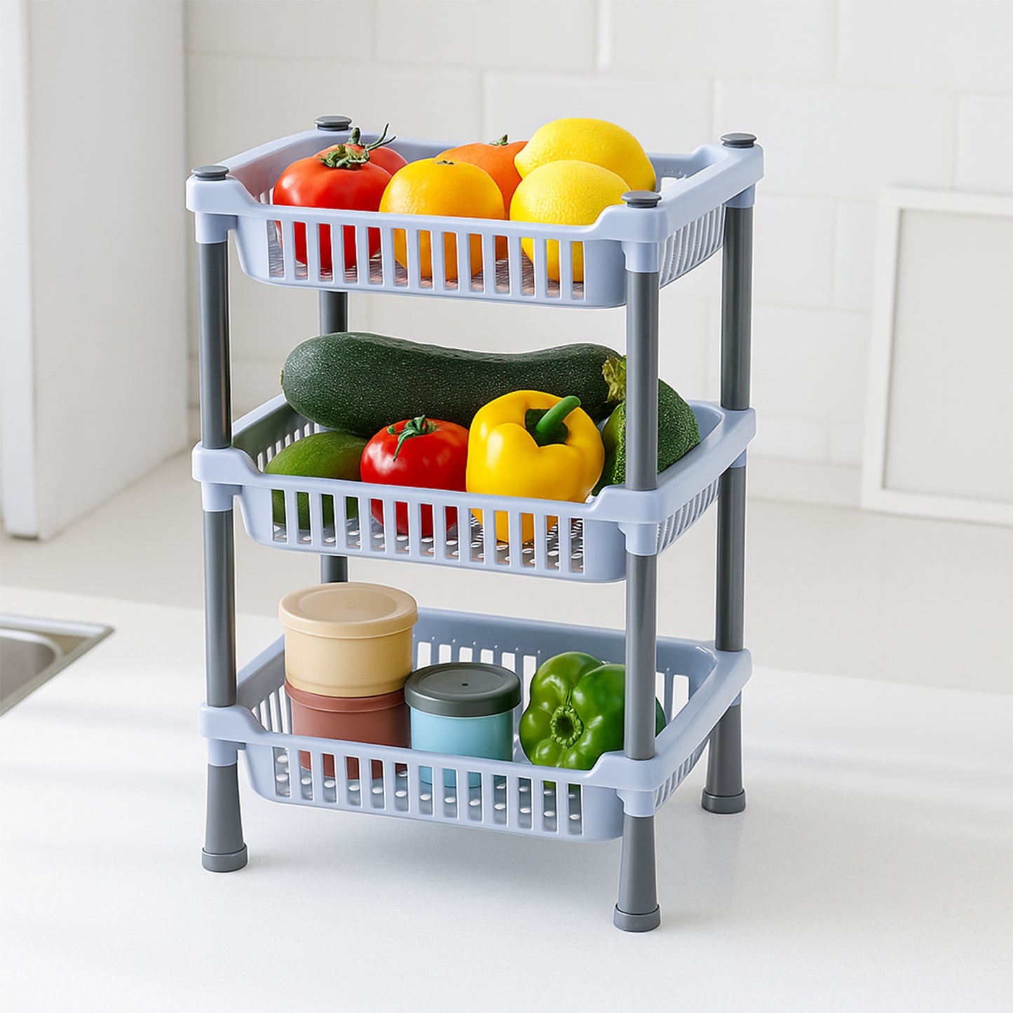 3 Layer Multipurpose Kitchen Storage Basket Rack Ventilated Plastic Organizer Stand for Fruits Vegetables Snacks Pantry Bathroom and Home Storage (1 Pc)