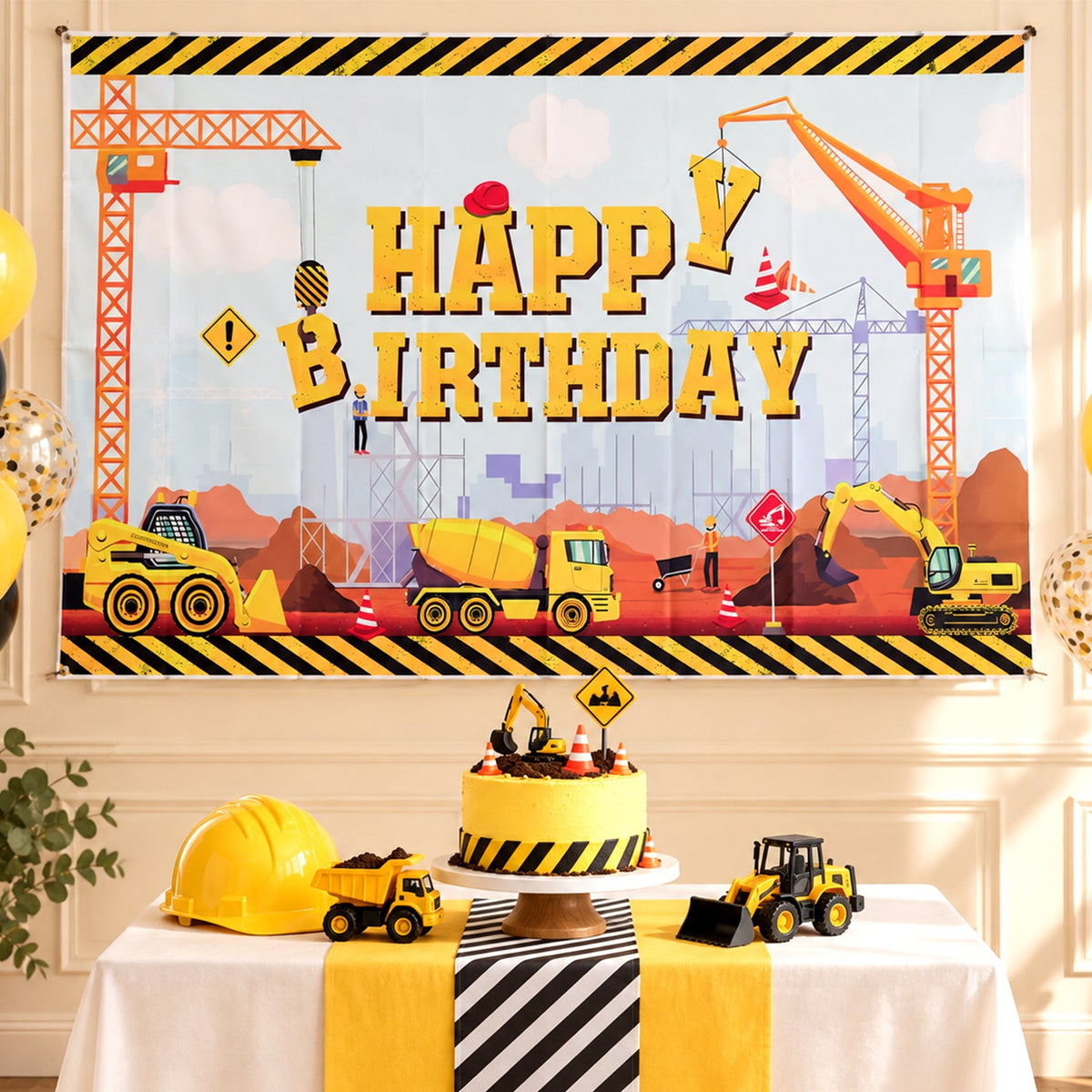 Construction Theme Happy Birthday Backdrop Curtain,&nbsp; Birthday Party Banner with Crane Artwork, Printed Wall Decoration for Cake Table, Photo Booth and Party