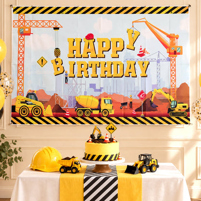 Construction Theme Happy Birthday Backdrop Curtain,&nbsp; Birthday Party Banner with Crane Artwork, Printed Wall Decoration for Cake Table, Photo Booth and Party