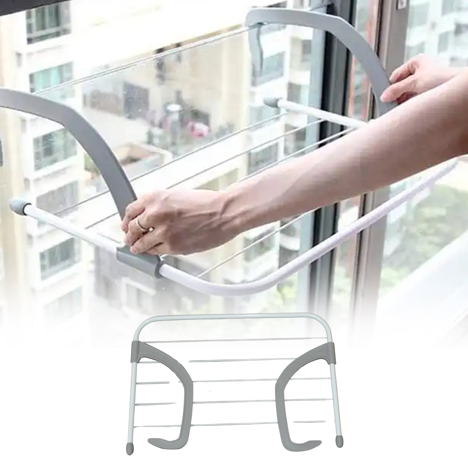 Metal Steel Folding Balcony Clothes Drying Rack Hanging Laundry Hanger with 5 Bars Foldable Towel Socks Clothes Drying Stand for Balcony Bathroom Door and Window (1 Pc)