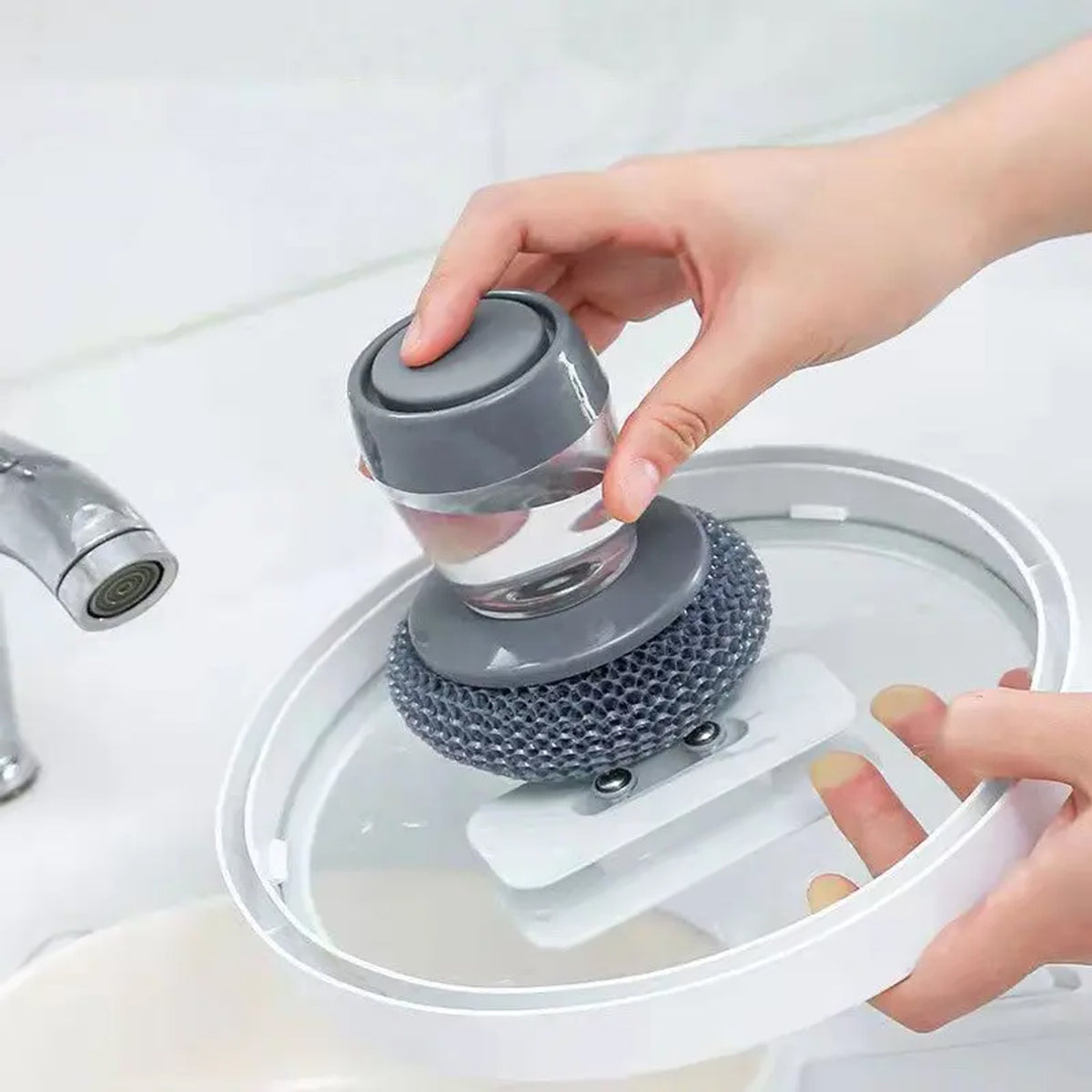 Soap Dispensing Palm Brush with Built-In Liquid Dispenser for Dishwashing and Kitchen Cleaning