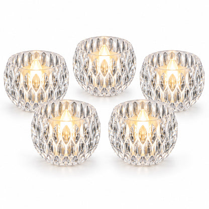 Crystal Style LED Decorative Candle Lights Set of 5, Warm Glow Flameless Tealight Candles with Faceted Clear Design for Diwali, Puja, Dining Table and Festive Home Decor (5 Pc Set)