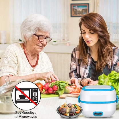 Electric Lunch Box 3 in 1 Food Heater Cooker and Steamer with Stainless Steel Bowls, Egg Steaming Tray, Spoon and Measuring Cup for Office, School and Travel (1 Set)