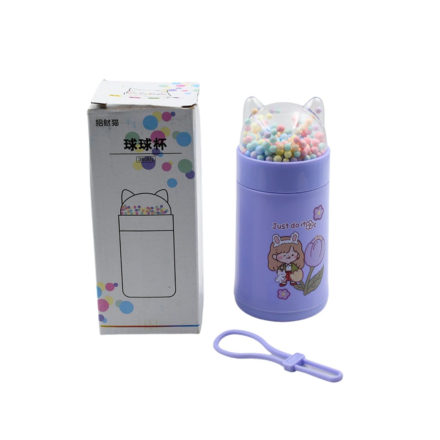 Girl Glass Water Bottle for School 350ml with Sparkle Strap Cat Lid Glitter Sequins Leakproof Glass Drinking Bottle for Kids