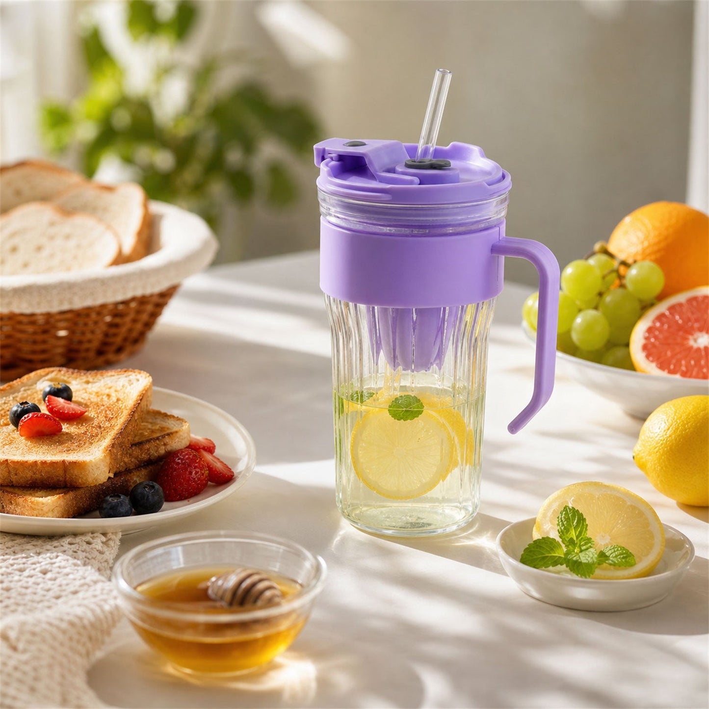 Glass Tumbler with Lid Straw and Handle Clear Drinking Mug for Coffee Juice Smoothies Infused Water and Everyday Beverages 500 ml (1 Pc)