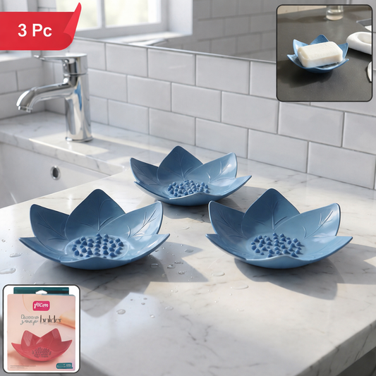Supermom 3-Piece Lotus Blossom Soap Holder Set for Bathroom, Kitchen Sink &; Washbasin | Fast-Drain Floral Soap Dish, Non-Slip Hygienic Decorative Soap Stand (3 Pcs)