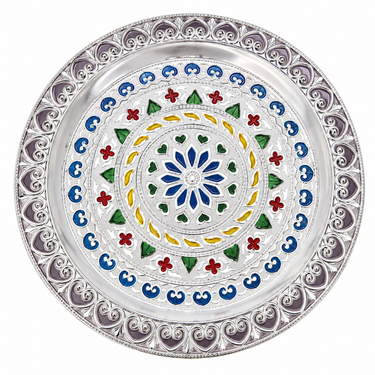 Silver Plated Pooja Thali Decorative for Temple, Festivals, Daily Worship and Gifting (31 cm)