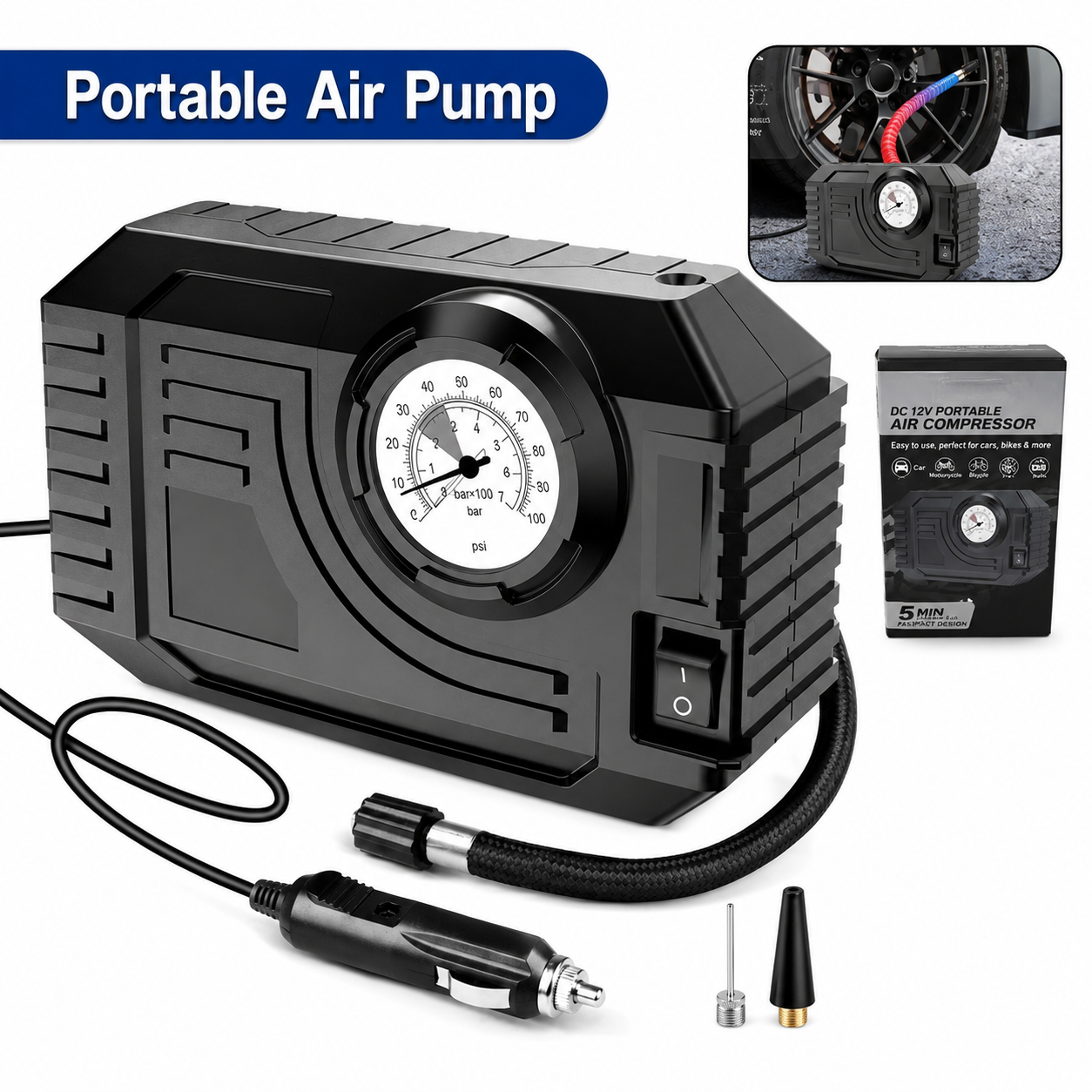 Portable 12V Tire Inflator Air Compressor with LED Light and Pressure Gauge for Car, Bike, Bicycle, Balloons and Sports Balls (1 Pc)