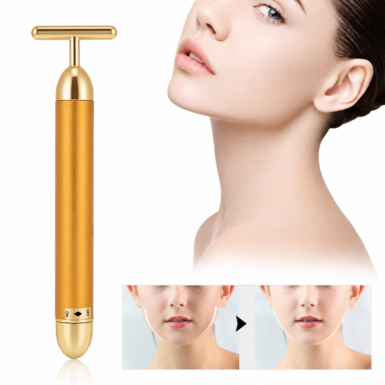 Golden Energy Vibrating Face Massager – Waterproof T Shape Facial and Body Beauty Massager for Skincare and Relaxation – Battery Operated (1 Piece)