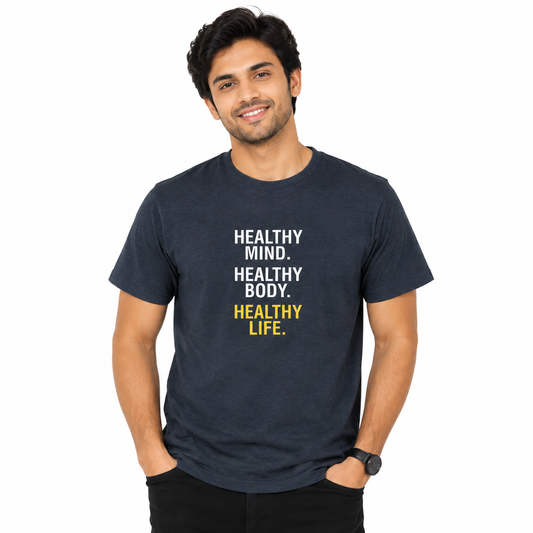 NAYAAH Premium Poly-Cotton 180 GSM Men/Unisex T-Shirt – Soft Minimal Everyday Essential Wear - Healthy Mind Healthy Body - Navy Melenge
