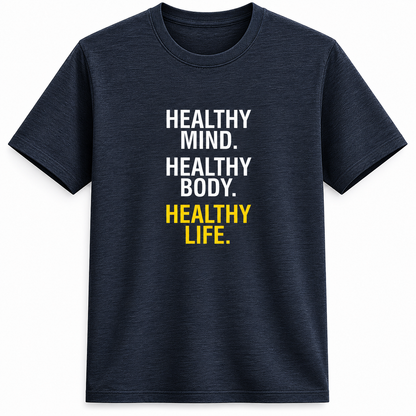 NAYAAH Premium Poly-Cotton 180 GSM Men/Unisex T-Shirt – Soft Minimal Everyday Essential Wear - Healthy Mind Healthy Body - Navy Melenge