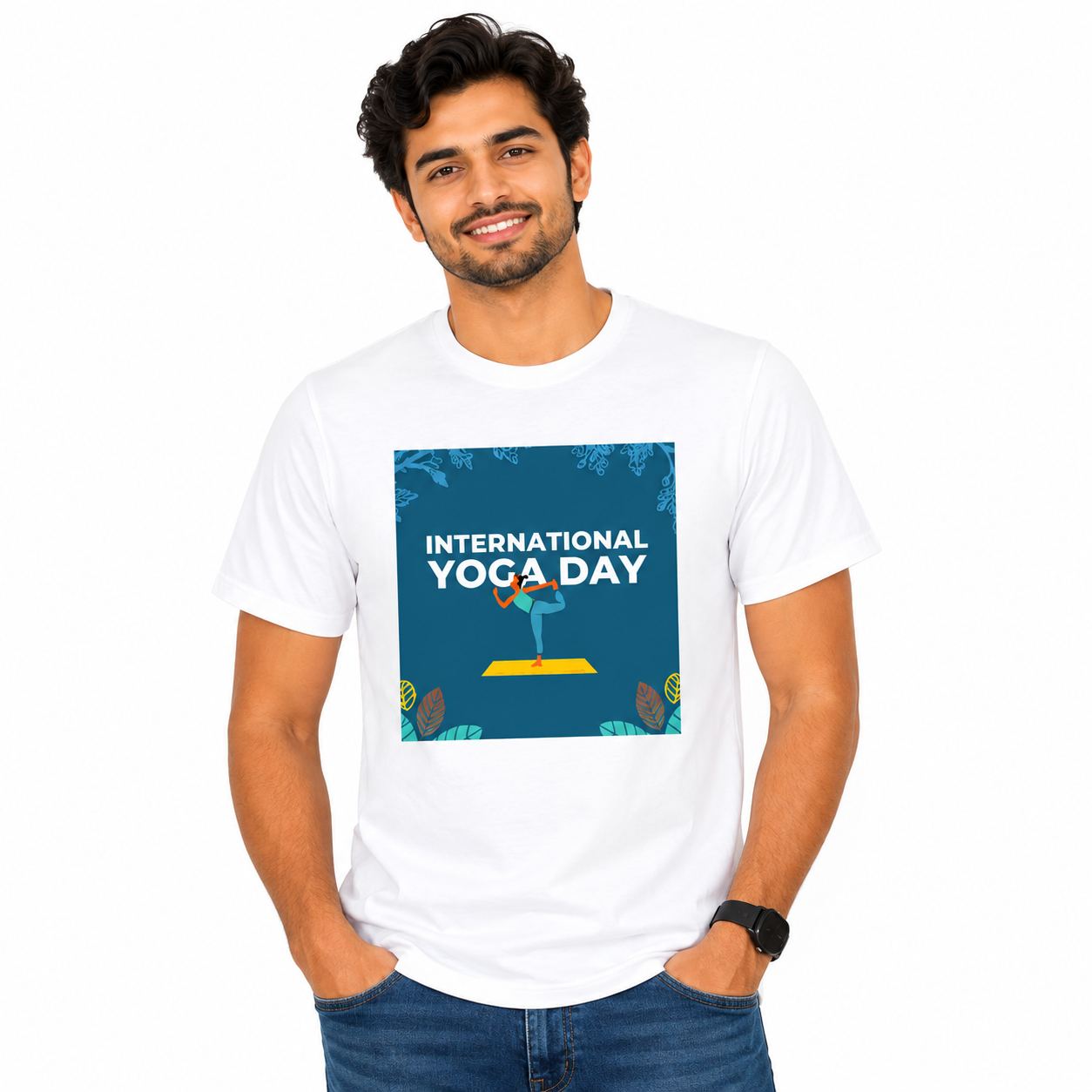 NAYAAH Premium Poly-Cotton 180 GSM Men/Unisex T-Shirt – Soft Minimal Everyday Essential Wear - Yoga Day | White