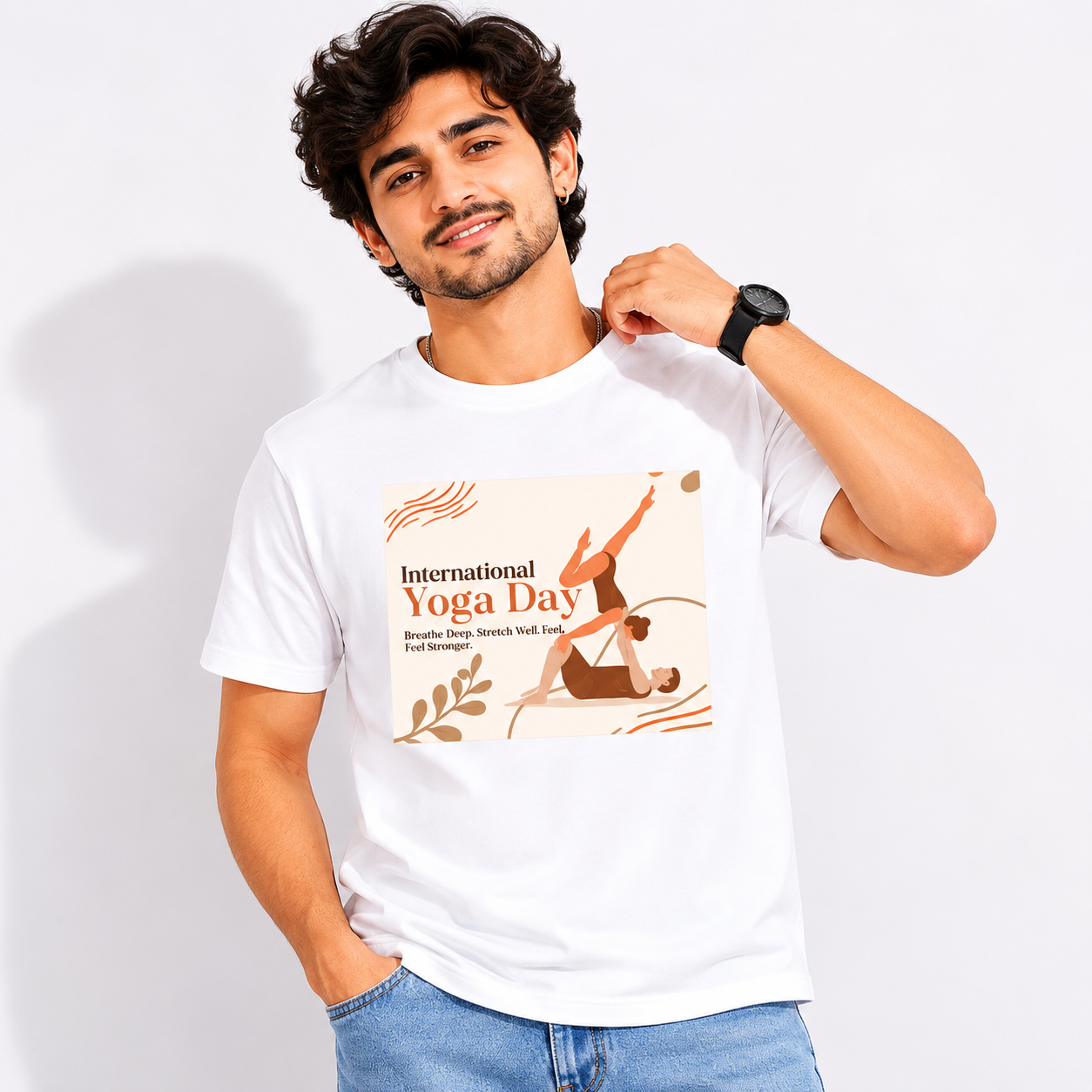 NAYAAH Premium Poly-Cotton 180 GSM Men/Unisex T-Shirt – Soft Minimal Everyday Essential Wear - Yoga Day | White