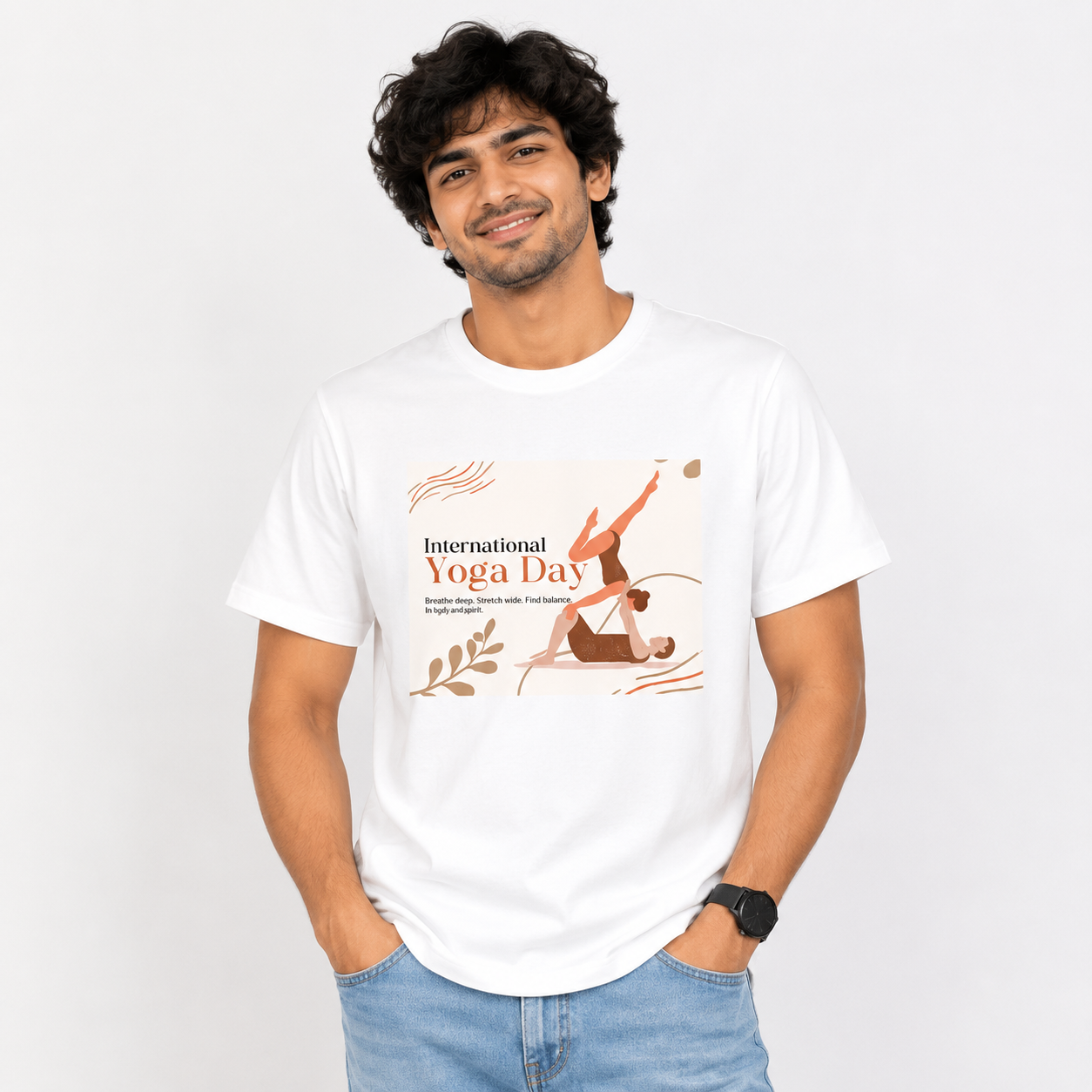 NAYAAH Premium Poly-Cotton 180 GSM Men/Unisex T-Shirt – Soft Minimal Everyday Essential Wear - Yoga Day | White