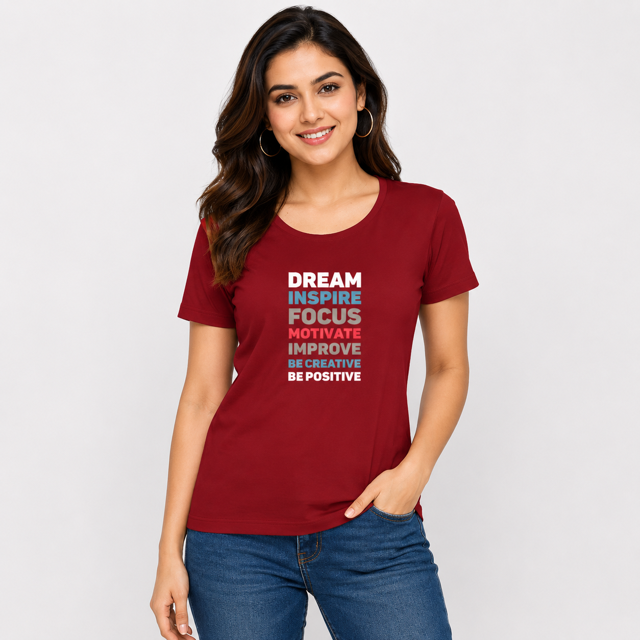 NAYAAH Premium Women's Classic 100% Cotton 180 GSM Regular Fit T-Shirt – Soft Breathable Everyday Essential Wear - Dream Inspire | Red