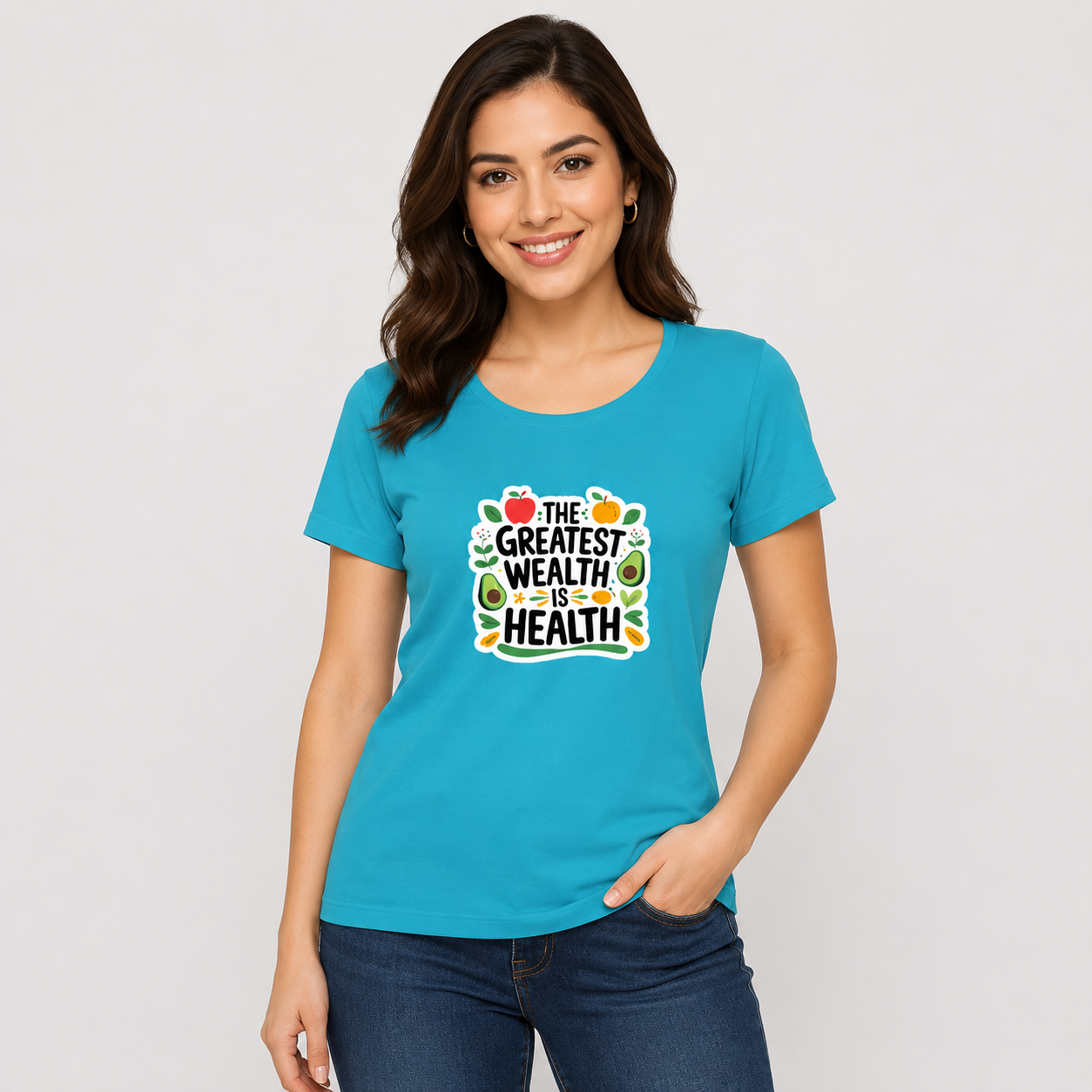 NAYAAH Premium Women's Classic 100% Cotton 180 GSM Regular Fit T-Shirt – Soft Breathable Everyday Essential Wear - Health Is Wealth | Sky Blue