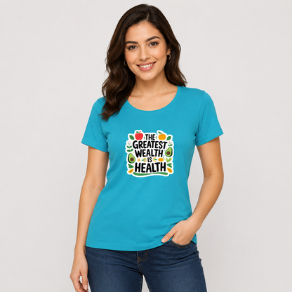 NAYAAH Premium Women's Classic 100% Cotton 180 GSM Regular Fit T-Shirt – Soft Breathable Everyday Essential Wear - Health Is Wealth | Sky Blue