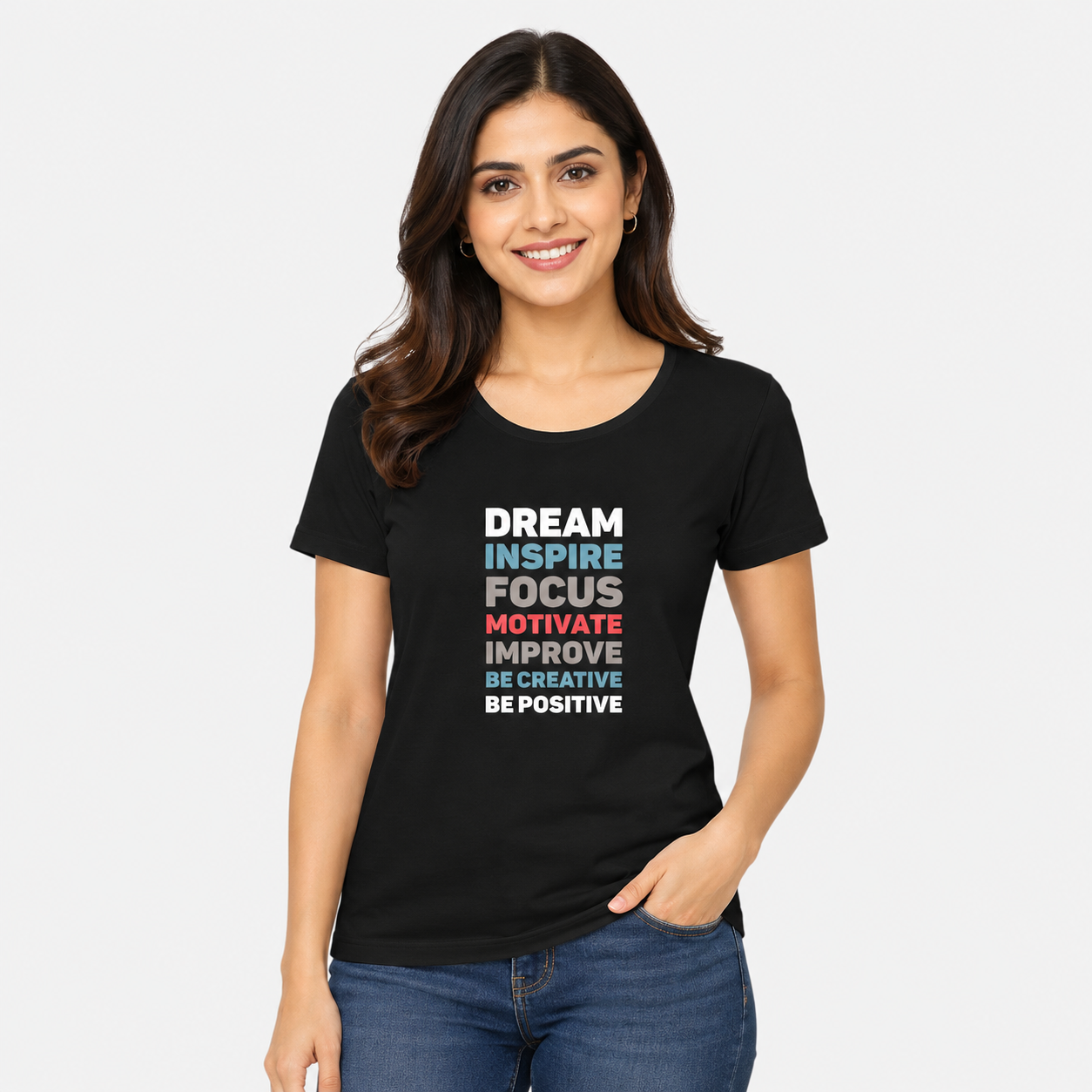 NAYAAH Premium Women's Classic 100% Cotton 180 GSM Regular Fit T-Shirt – Soft Breathable Everyday Wear - Dream Inspire | Black