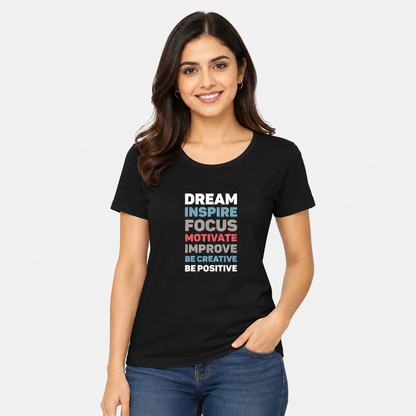 NAYAAH Premium Women's Classic 100% Cotton 180 GSM Regular Fit T-Shirt – Soft Breathable Everyday Wear - Dream Inspire | Black