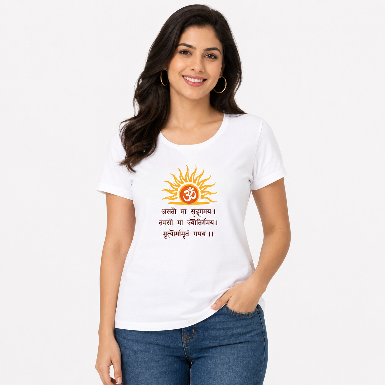 NAYAAH Premium Women's Classic 100% Cotton 180 GSM Regular Fit T-Shirt – Soft Breathable Everyday Essential Wear - Om | White